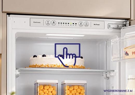Lodówka MPM-240-FFH-01/Ay z otwartymi drzwiczkami, widoczne półki z  ciastem i pojemnikami z jedzeniem.
