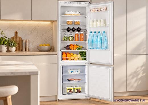 Lodówka do zabudowy typu No Frost MPM-240-FFH-01/A otwarta, wypełniona butelkami, owocami i produktami spożywczymi na półkach.