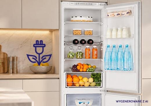 Wnętrze otwartej lodówki MPM-240-FFH-01/A z różnorodnymi produktami spożywczymi i napojami ułożonymi na półkach.