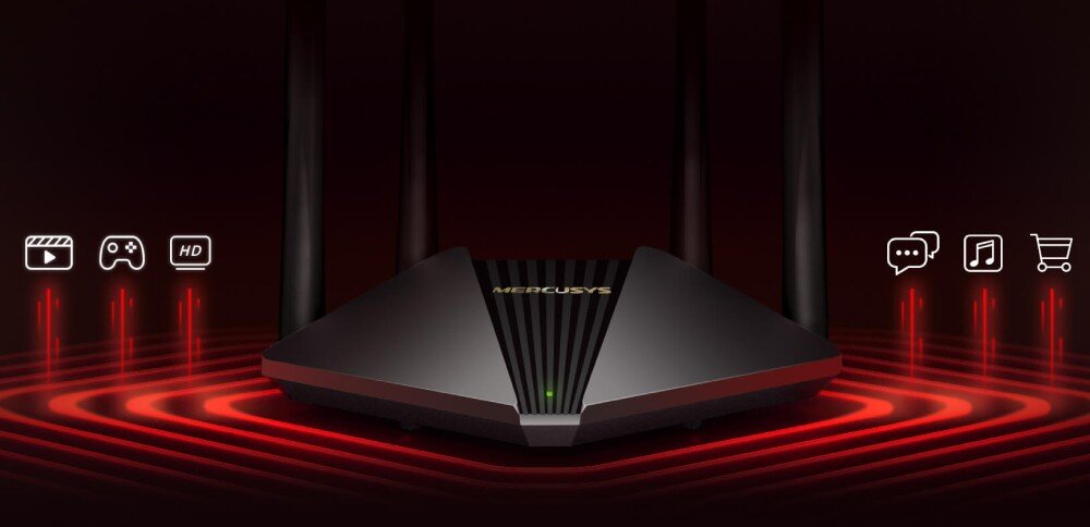 Router MERCUSYS MR30G Router z czterema antenami ustawiony na tle czerwonej poświaty. Nad urządzeniem znajdują się ikony przedstawiające różne zastosowania, takie jak streaming, gry, rozmowy i zakupy online, działanie, pasma, przepustowość