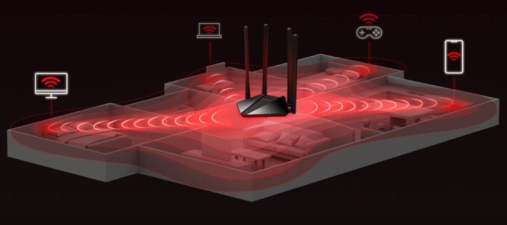 Router MERCUSYS MR30G Wizualizacja zasięgu sieci Wi-Fi w trójwymiarowym modelu budynku. Fale sygnału rozchodzą się we wszystkich kierunkach, łącząc różne urządzenia, w tym komputer, konsolę do gier i smartfon, anteny, sygnał, zasięg