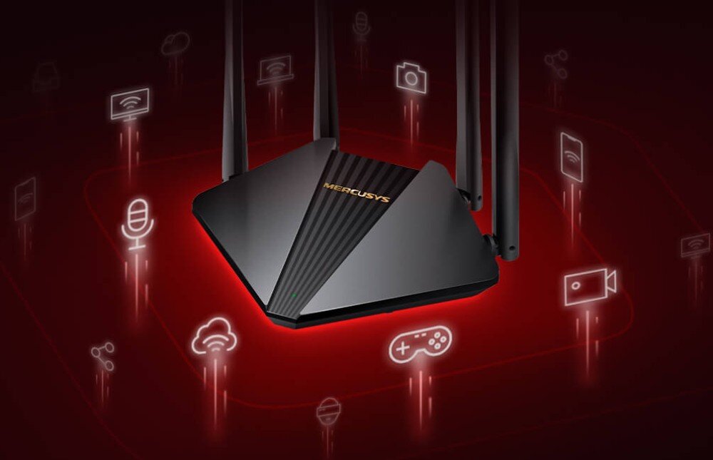 Router MERCUSYS MR30G Router przedstawiony na tle dynamicznych ikon symbolizujących różne rodzaje połączeń internetowych, takie jak rozmowy głosowe, media społecznościowe, streaming wideo i gry online, obsługa urządzeń, wydajność, technologia