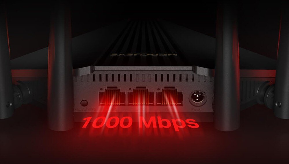 Router MERCUSYS MR30G Widok tylnego panelu routera z podświetlonymi czerwonym światłem portami Ethernet. Pod urządzeniem wyświetlony jest napis „1000 Mbps”, wskazujący obsługę gigabitowych połączeń przewodowych, porty, złącza, podłączenie
