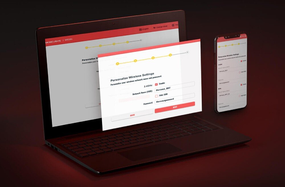 Router MERCUSYS MR30G Ekran konfiguracji sieci bezprzewodowej wyświetlony na ekranie laptopa i smartfona. Widoczne są opcje ustawień, takie jak nazwa sieci, hasło i wybór pasma, funkcje, narzędzia