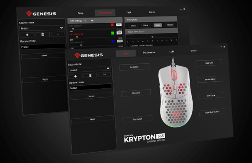 GENESIS Krypton 555 konfigurację parametrów przypisanie licznych ustawień do profili czułość DPI podświetlenie RGB makra 7 przycisków programowalnych