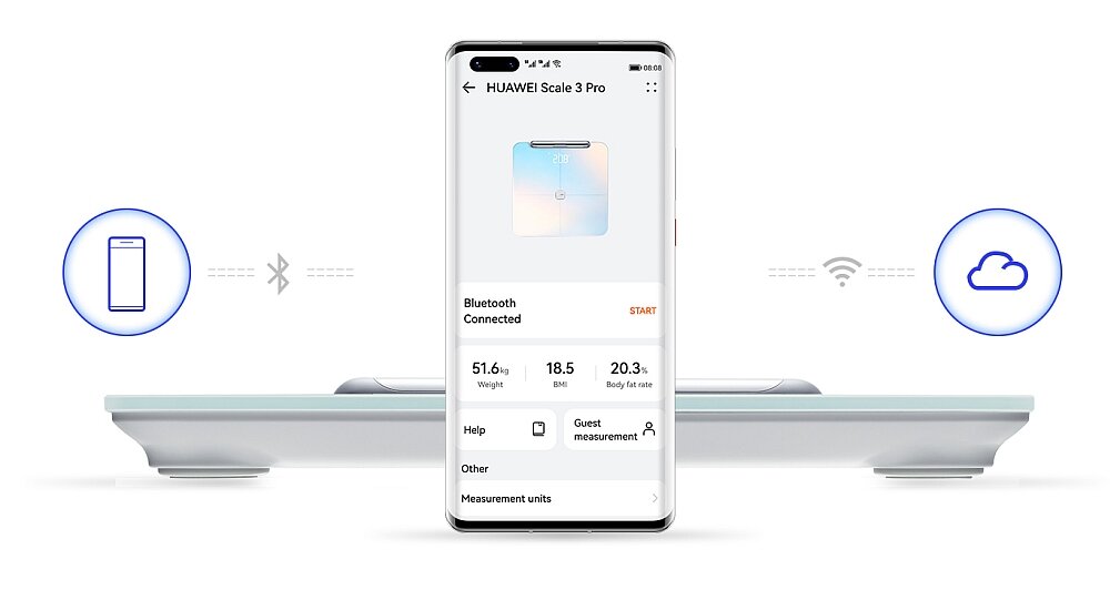 Waga HUAWEI Scale 3 Pro zdrowie jedzenie ważenie się tłuszcz czujniki dieta pomiar konta łączność aplikacja opis cechy dane specyfikacja skład ciała elektrody