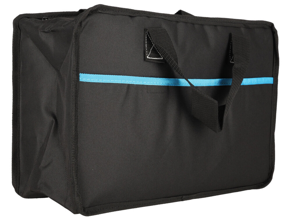 Torba narzędziowa DEDRA DED7001A torba na białym tle widoczna od tyłu pod skosem wymiary 42 x 15 x 27 cm do użytku w domu warsztacie na budowie wygodne przechowywanie i transport narzędzi efektywność