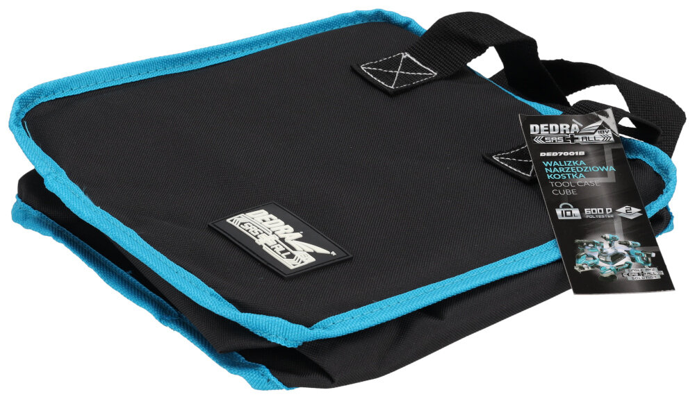 Torba narzędziowa DEDRA DED7001B złożona torba na białym tle widoczna od tyłu pod skosem wymiary 25 x 14 x 25 cm do użytku w domu warsztacie na budowie wygodne przechowywanie i transport narzędzi efektywność