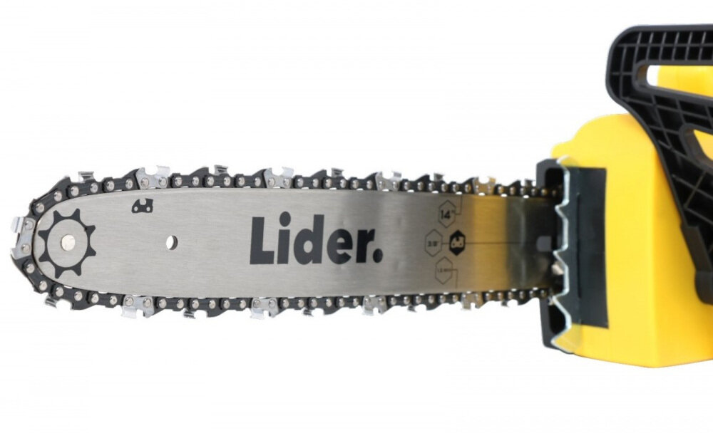 Pilarka elektryczna LIDER GTP1636 do typowych prac wycinkowych do niezwykle precyzyjnych zadań specjalnych prowadnica o dłogości 35 cm łańcuch z podziałką 3/8 cala o grubości 1,3 mm 52E automatyczny hamulec