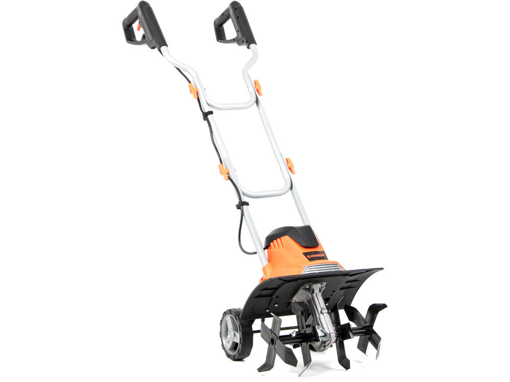 Glebogryzarka elektryczna HANDY HAG WEG1000 niedużych rozmiarów sprzęt waga 8,2 kg solidna obudowa odporna na uderzenia kamieni i brył ziemi szerokość robocza do 36 cm w biało-pomarańczowym kolorze
