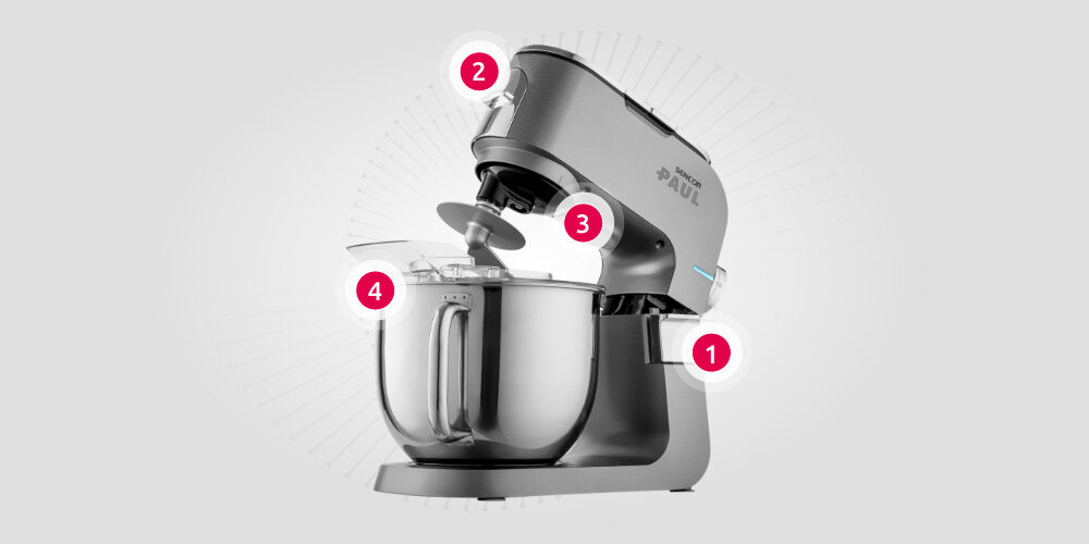 Robot kuchenny planetarny SENCOR STM 7900 1500W z blenderem kielichowym Funkcjonalna konstrukcja Uchylna głowica Oświetlenie wyjście czołowe pokrywka