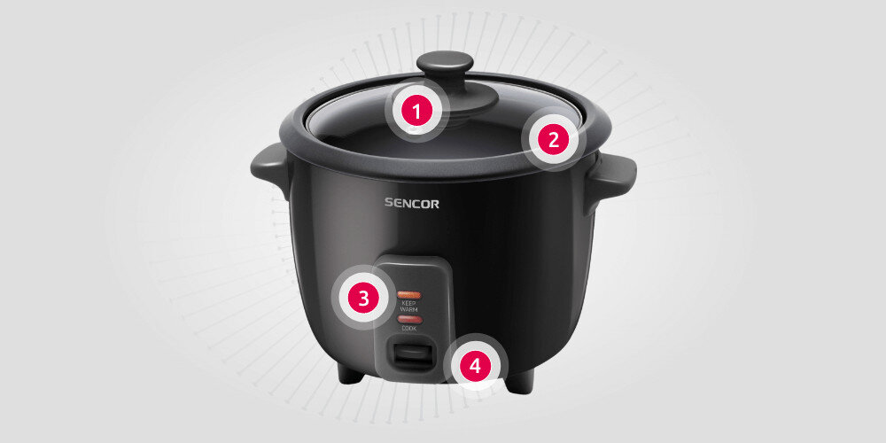 Ryżowar SENCOR SRM 0601BK Ergonomiczna budowa Szklana pokrywa z otworem Wyjmowane naczynie z nieprzywierającą powłoką Kontrolka świetlna Przełącznik trybu pracy