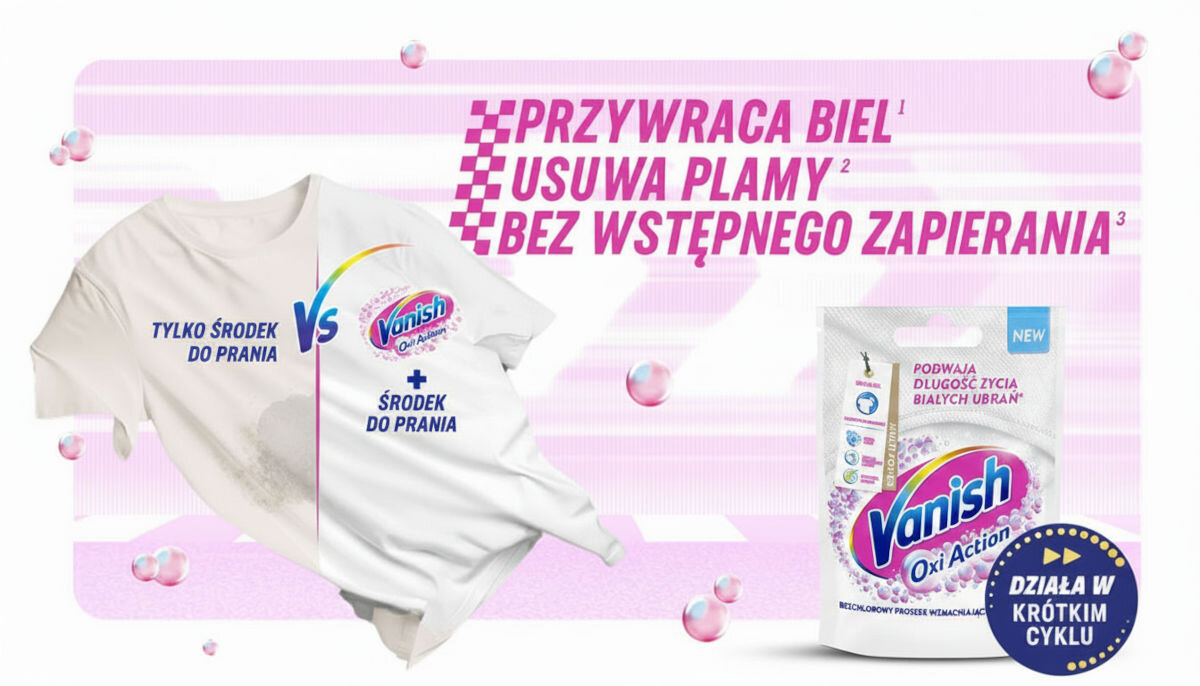 Odplamiacz do prania VANISH Oxi Action 0.03 kg, odplamiacz, pranie, czystość, ubrania, Efekt przed i po praniu białej koszulki.