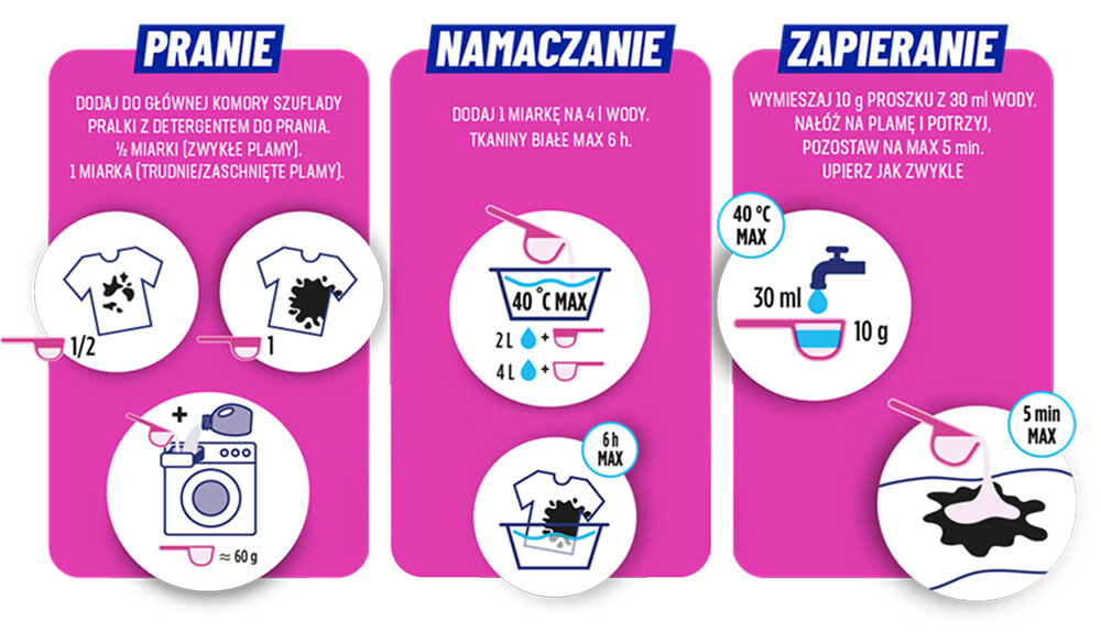 Odplamiacz do prania VANISH Oxi Action 0.03 kg, pranie, instrukcja, użycie, wygoda, Trzy sposoby czyszczenia brudnej odzieży.