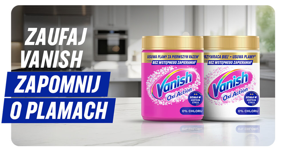 Odplamiacz do prania VANISH Oxi Action 0.03 kg, pranie, instrukcja, użycie, wygoda, Dwa pudełka proszku na jasnym blacie.