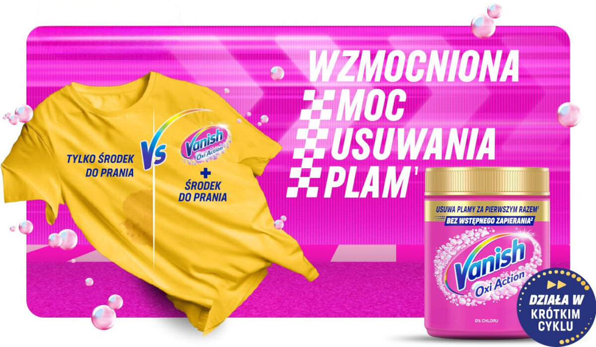 Odplamiacz do prania VANISH Multi Action Różowy 0.47 kg, odplamiacz, kolory, pranie, ubrania, Porównanie efektu prania żółtej koszulki.