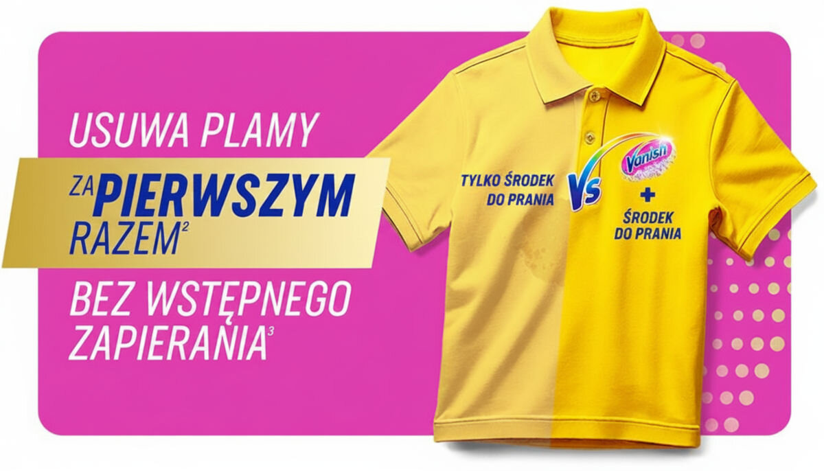 Odplamiacz do prania VANISH Multi Action Różowy 0.47 kg, plamy, usuwanie, skuteczność, czystość, Porównanie czystej i brudnej żółtej koszulki.