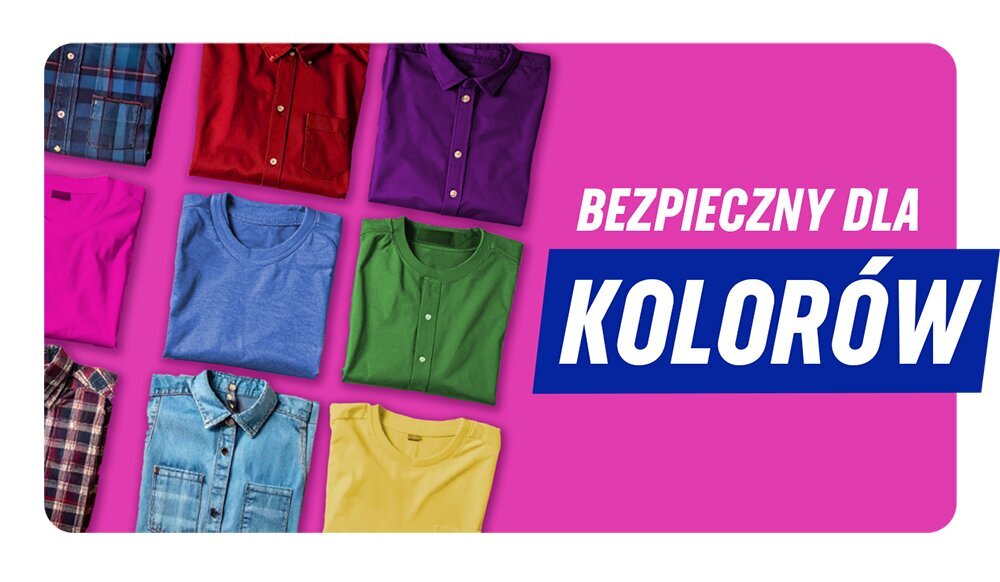 Odplamiacz do prania VANISH Multi Action Różowy 0.47 kg, bez chloru, kolory, ochrona, trwałość, Kolorowe ubrania ułożone na różowym tle.