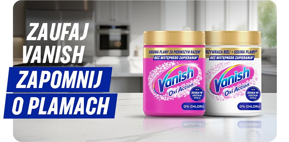 Odplamiacz do prania VANISH Multi Action Różowy 0.47 kg, aktywna piana, usuwanie, technologia, działanie, Dwa opakowania detergentu na jasnym blacie.