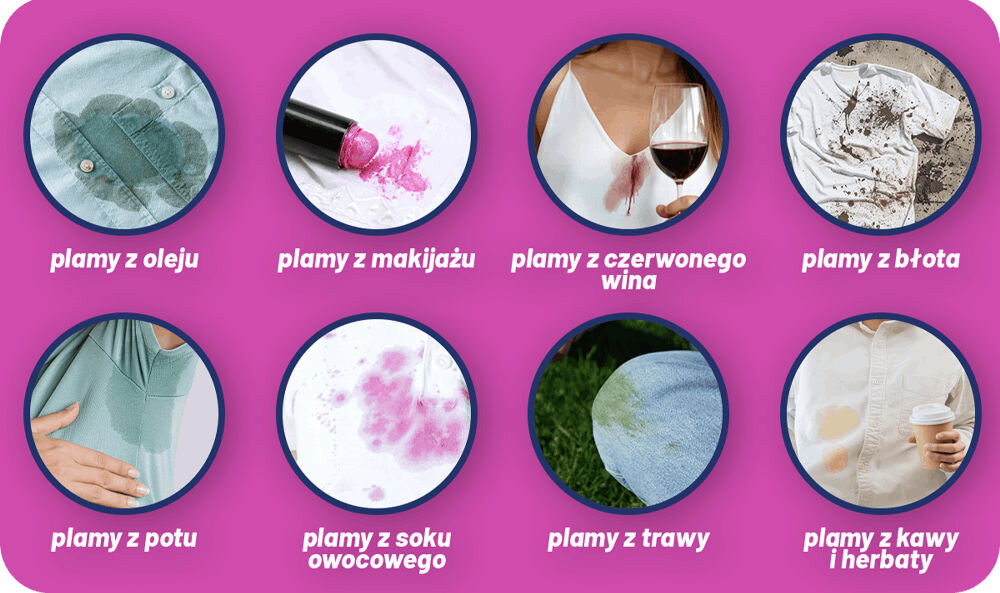 Odplamiacz do prania VANISH Oxi Action Różowy 100 ml na różowym tle przykłady plam plamy z oleju plamy z makijażu plamy z czerwonego wina plamy z błota plamy z potu plamy z soku owocowego plamy z trawy plamy z kawy i herbaty