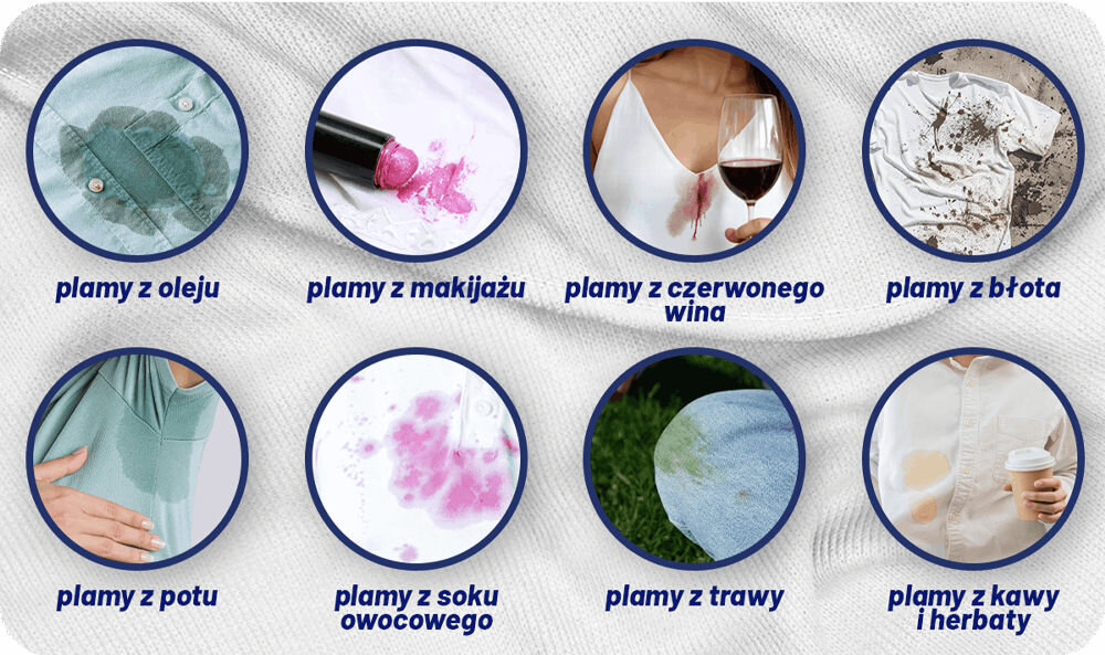 Odplamiacz do prania VANISH Oxi Action Biały 100 ml na białym tle przykłady plam plamy z oleju plamy z makijażu plamy z czerwonego wina plamy z błota plamy z potu plamy z soku owocowego plamy z trawy plamy z kawy i herbat