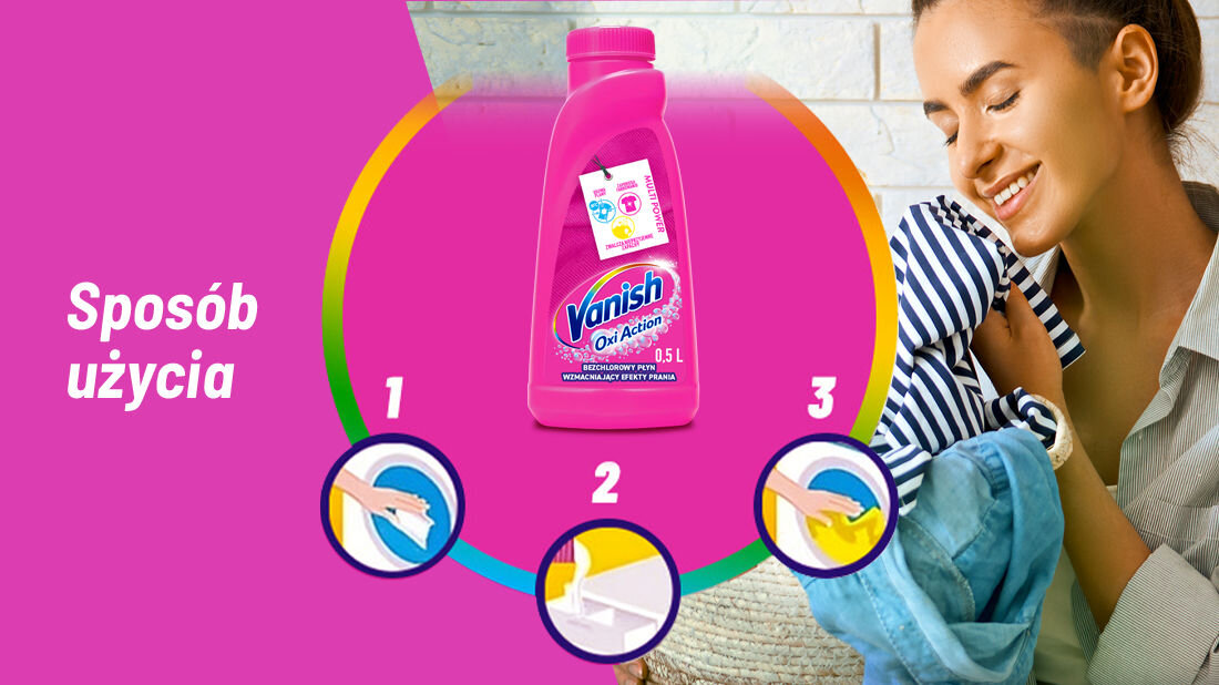 Odplamiacz do prania VANISH Oxi Action Różowy 500 ml Sposób użycia