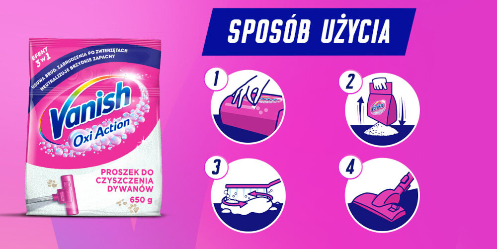 PROSZEK DO DYWANÓW VANISH GOLD CLEAN&FRESH 650G sposób użycia instrukcja grafiki ikony nie przemaczać odkuczyć zostaw do wyschnięcia