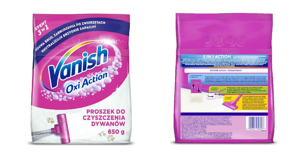 Proszek do prania dywanów VANISH Oxi Action 650 g opakowanie front zestaw