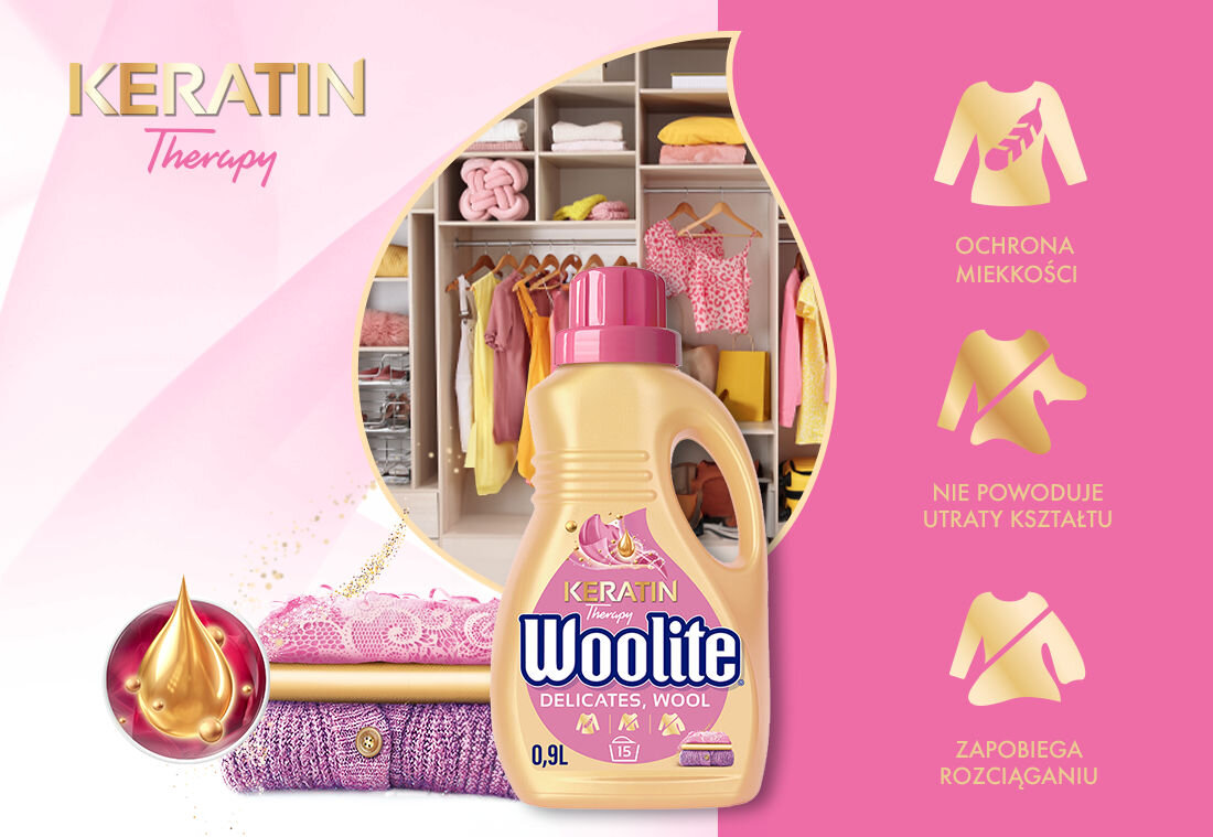 Płyn do prania WOOLITE Keratin Therapy główne zalety