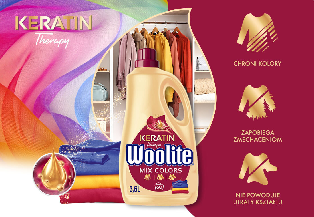 Płyn do prania WOOLITE Keratin Therapy główne cechy keratyna
