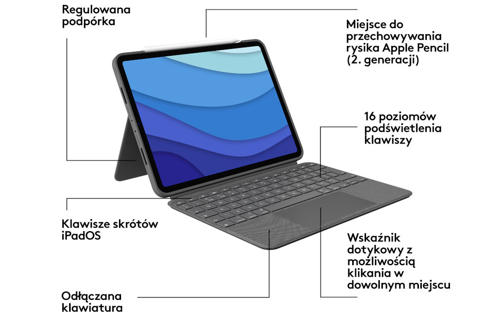 Etui na iPad Pro LOGITECH Combo Touch włączanie wyłączanie aplikacja logitech control kompatybilność