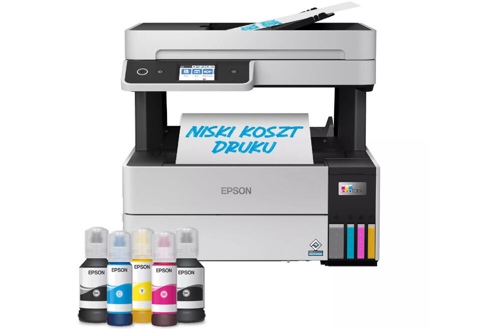 Urządzenie wielofunkcyjne EPSON EcoTank L6460 Druk w kolorze, Automatyczny druk dwustronny, Wi-Fi prezentacja urządzenia od przodu na jasnym tle karta z napisem niski koszt druku przed butelki z atramentem oszczędność kosztów częste drukowanie