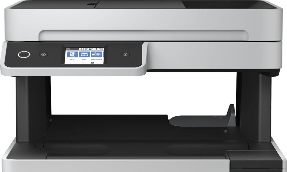 Urządzenie wielofunkcyjne EPSON EcoTank L6460 Druk w kolorze, Automatyczny druk dwustronny, Wi-Fi prezentacja urządzenia od przodu na białym tle pod kątem rozłożone funkcje 3w1 druk skan kopiuj wygoda organizacja przestrzeni