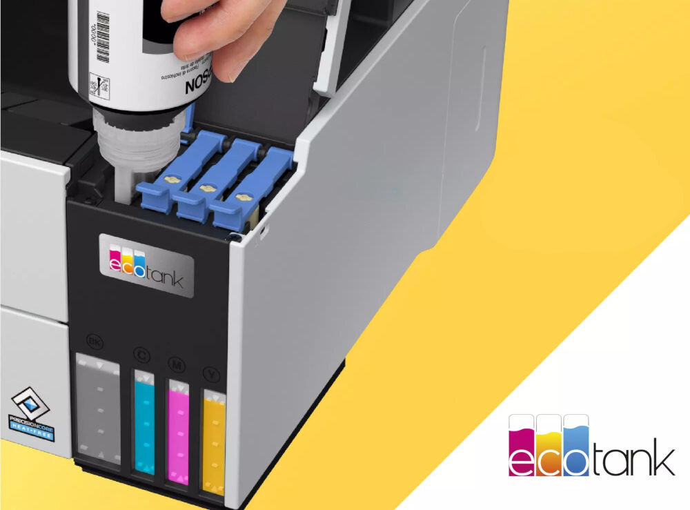 Urządzenie wielofunkcyjne EPSON EcoTank L6490 Druk w kolorze, Automatyczny druk dwustronny, Wi-Fi prezentacja uzupełniania atramentu żółto-białe tło bezproblemowe napełnianie ograniczenie ryzyka pomyłki komfort