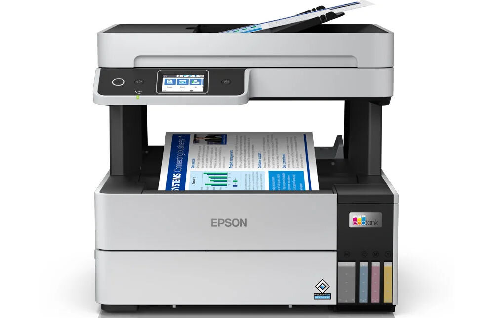 Urządzenie wielofunkcyjne EPSON EcoTank L6490 Druk w kolorze, Automatyczny druk dwustronny, Wi-Fi prezentacja urządzenia od przodu na białym tle ecotank system bez kartridży redukcja odpadów pojemniki na atrament