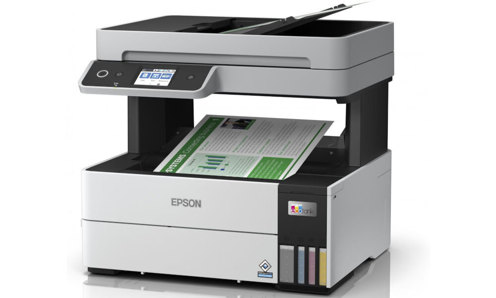 Urządzenie wielofunkcyjne EPSON EcoTank L6490 Druk w kolorze, Automatyczny druk dwustronny, Wi-Fi prezentacja urządzenia od przodu pod kątem na jasnym tle z wydrukowanymi kartkami kolorowy wydruk zdjęć efektowne dokumenty
