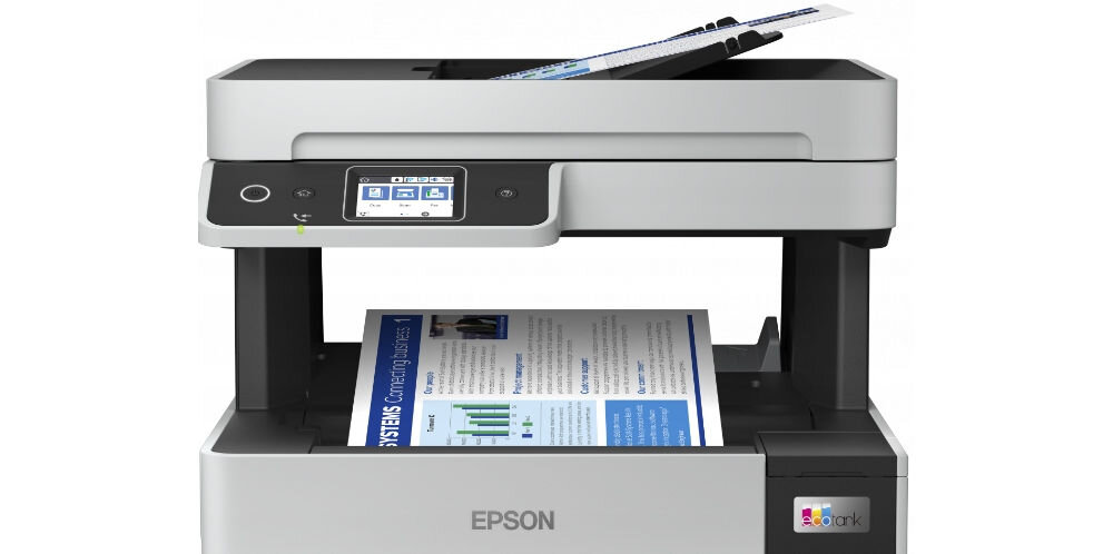 Urządzenie wielofunkcyjne EPSON EcoTank L6490 Druk w kolorze, Automatyczny druk dwustronny, Wi-Fi zbliżenie na górną część urządzenia wydrukowana kartka wychodząca głowica PrecisionCore™ kontrola kropli atramentu drukowanie z dużą szczegółowością
