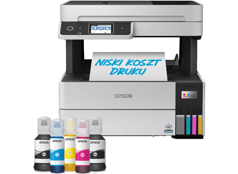 Urządzenie wielofunkcyjne EPSON EcoTank L6490 Druk w kolorze, Automatyczny druk dwustronny, Wi-Fi prezentacja urządzenia od przodu na jasnym tle karta z napisem niski koszt druku przed butelki z atramentem oszczędność kosztów częste drukowanie