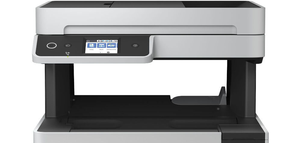 Urządzenie wielofunkcyjne EPSON EcoTank L6490 Druk w kolorze, Automatyczny druk dwustronny, Wi-Fi prezentacja urządzenia od przodu na białym tle górna część funkcje 4w1 druk skan faks kopiuj wygoda organizacja przestrzeni