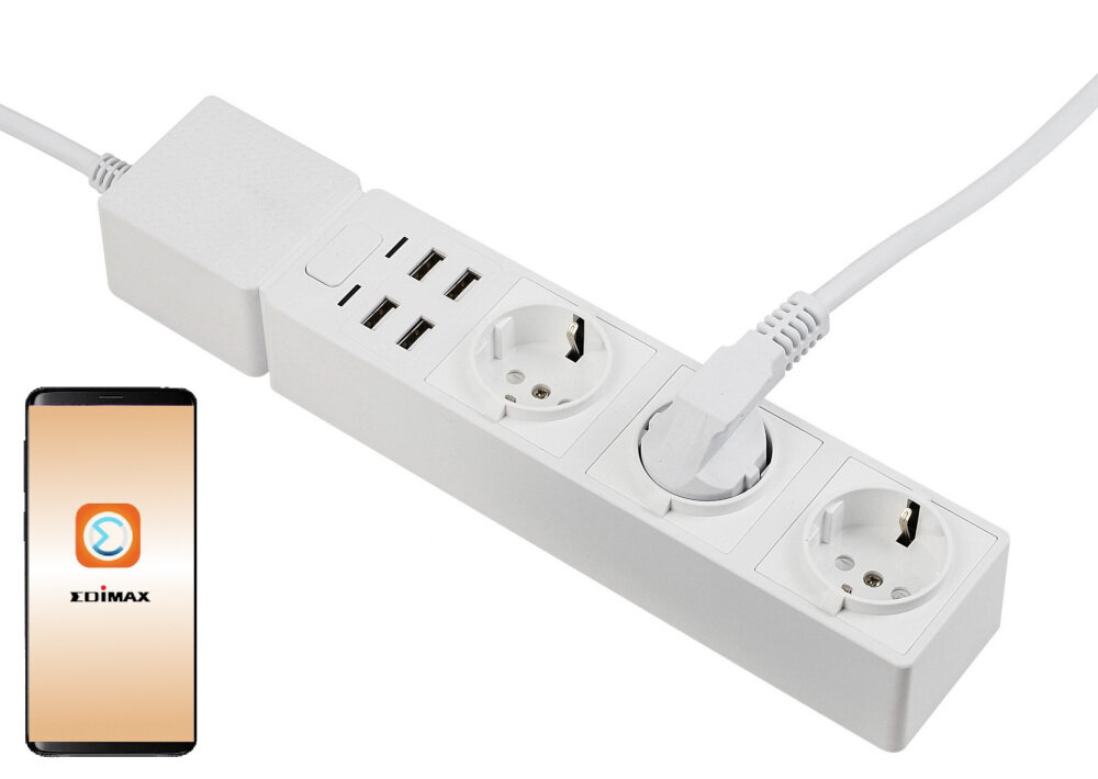 Listwa EDIMAX SP-1123WT współdziała z Amazon Alexa Google Assistant Siri możliwość sterowania głosem aplikacja EdiSmartPro dostępna na Andrioid iOS