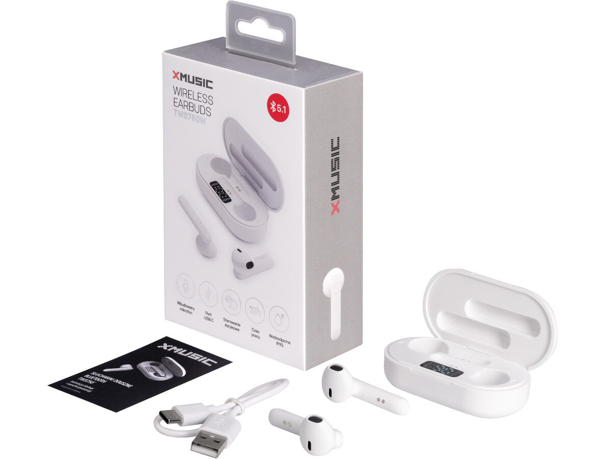 SLUCHAWKI BLUETOOTH XMUSIC TWS750P TWS DOKANALOWE zawartosc opakowania