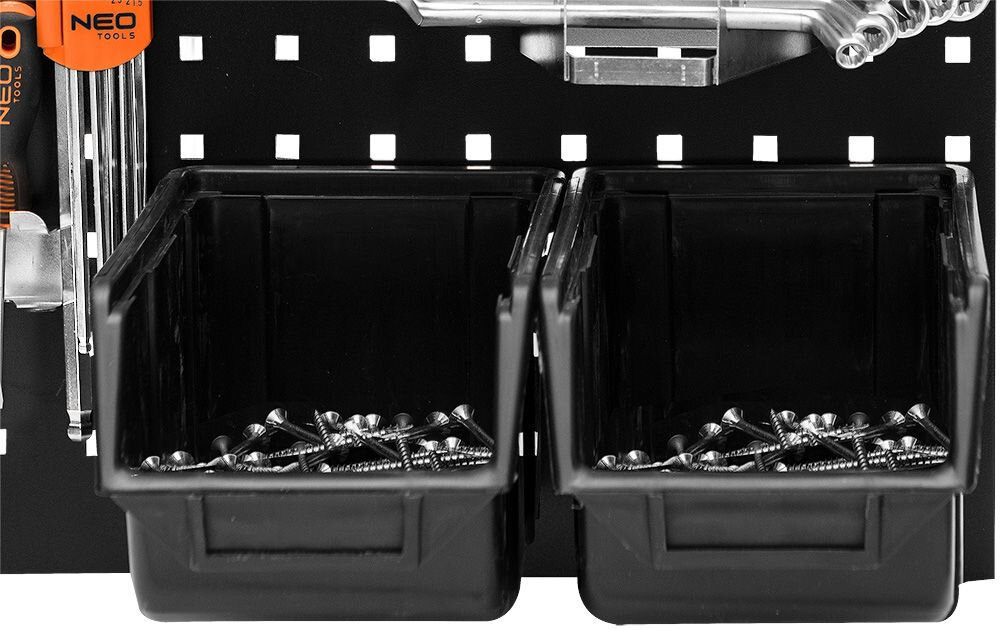 Hak na box NEO TOOLS stal SPCC 1 mm, wymiary 13 x 6.5 cm, mocny udźwig i trwałość w organizacji narzędzi