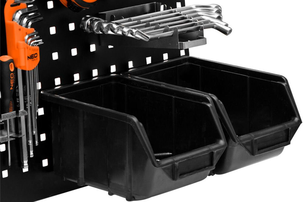 Hak na box NEO TOOLS kompatybilny z panelami 84-500 i 84-501, zawieszanie pojemników magazynowych, parametry techniczne
