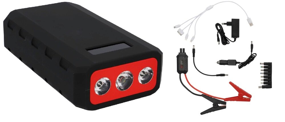 Urządzenie rozruchowe ABSAAR MJS 1000 Czarny zestaw zaciski akumulatorowe zasilacz wielofunkcyjny kabel ladujący 4 w 1 z koncowkami mini-USB, micro-USB, lighting, 30-stykowa kabel do ladowarki samochodowej 12 V zestaw koncowek do ladowania kablem DC/DC 3,5 mm dokumentacja
