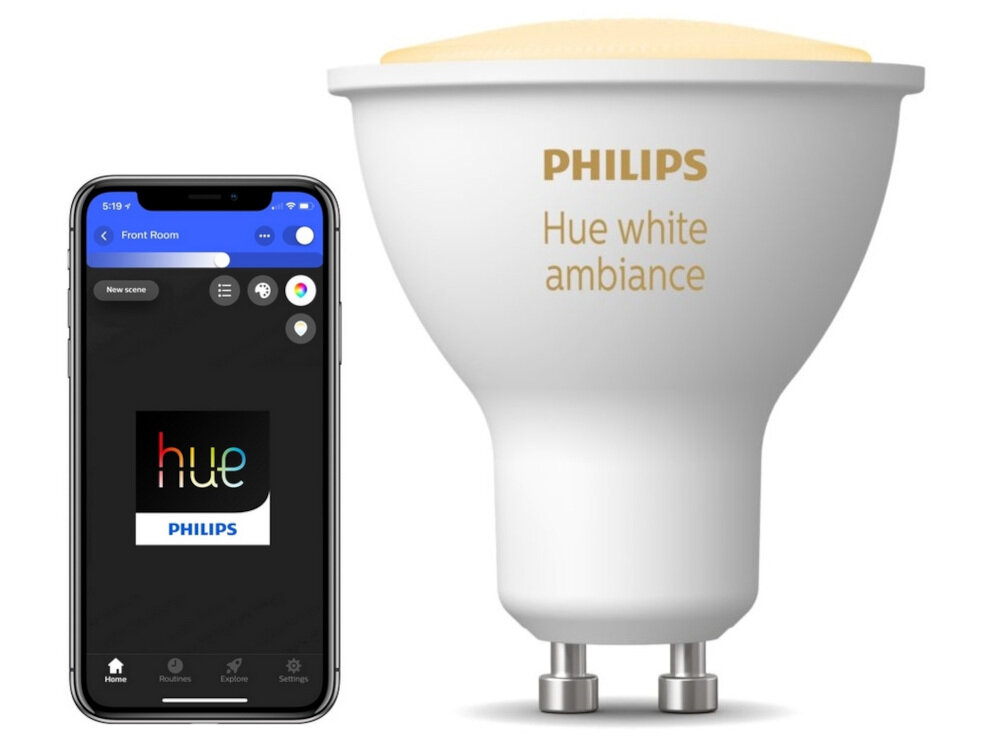 Inteligentna żarówka PHILIPS 212610 GU10 4.3W synchronizacja światła z filmem grą muzyką sterowanie spoza domu wskaźnik dodawania barw do 4000K