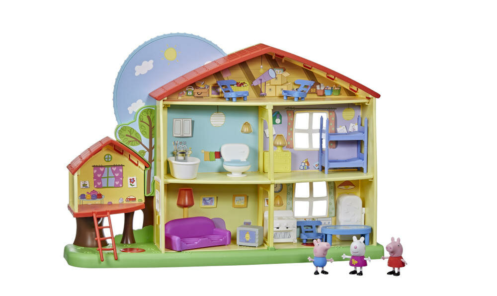 HASBRO-DOMEK-SWINKA-PEPPA domek świnka peppa bajki pokoje strych kuchnia łazienka pomieszczenia mebelki narracja dzień noc tryb dźwięki oświetlenie odgłosy animacja