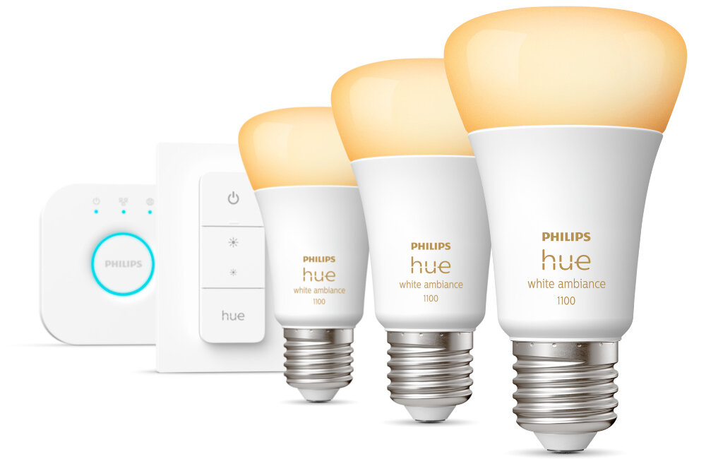 Zestaw startowy PHILIPS HUE 929002468403 8W E27 (3 szt.) + mostek Bridge żarówki nowej generacji klasa energetyczna F trzon E27 żywotność do 25000 godzin strumień świetlny do 1055 lm moc 10 W