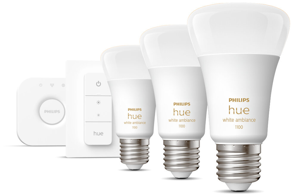 Zestaw startowy PHILIPS HUE 929002468403 8W E27 (3 szt.) + mostek Bridge energetyzujący i relaksujący nastrój proste w obsłudze i montażu sterowane głosem Bluetooth
