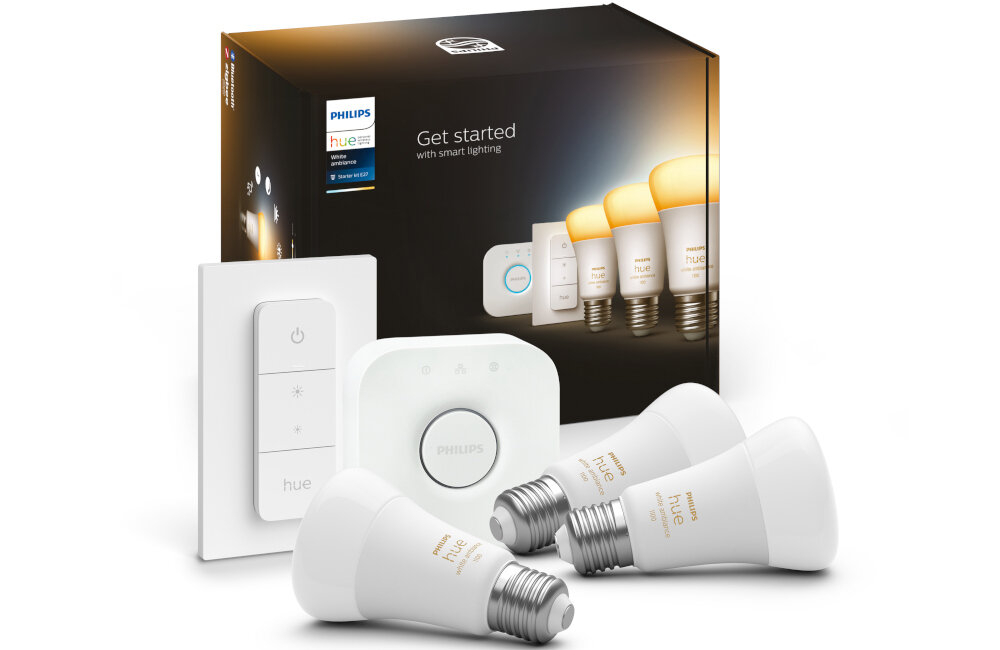 Zestaw startowy PHILIPS HUE 929002468403 8W E27 (3 szt.) + mostek Bridge w zestawie 2 żarówki mostek HUE kabel sieciowy Ethernet zasilacz