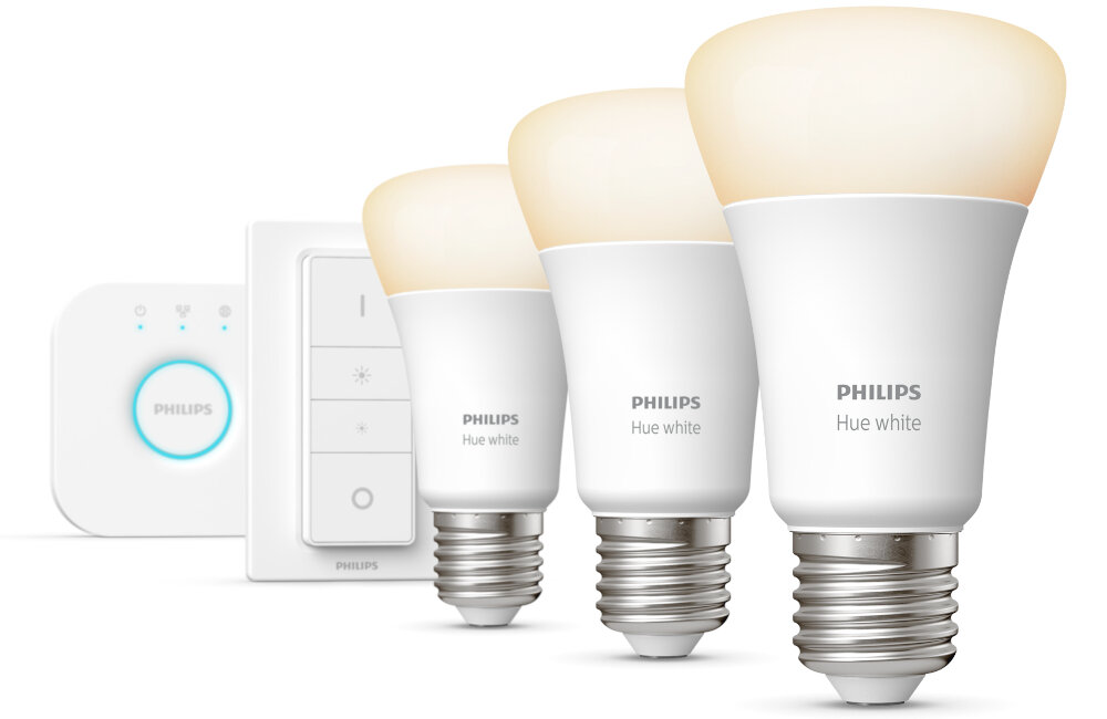 Zestaw startowy PHILIPS HUE 929002469204 9.5W E27 (3 szt.) + mostek Bridge żarówki nowej generacji klasa energetyczna F trzon E27 żywotność do 25000 godzin strumień świetlny do 1055 lm moc 10 W
